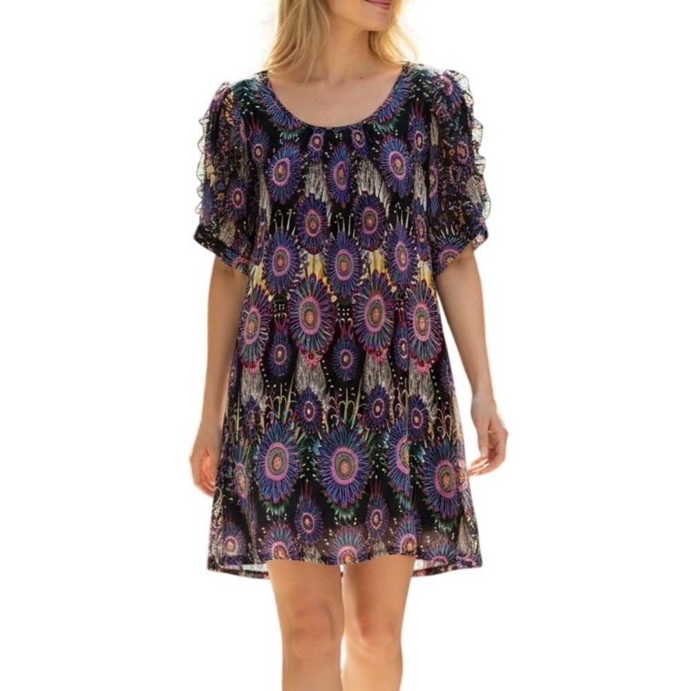Pinky Shift Dress Large Boho Psychedelic Medallion Print Ruffle Sleeve Mini Bold